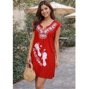 Handmade Red Embroidered Mexican Dress Tunic Birds Floral Sleeveless EUC